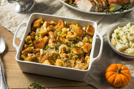 Homemade Bread Stuffing for Thanksgiving Dinner with Sageの写真素材