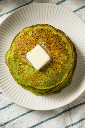 Homemade Matcha Green Tea Pancakes for Breakfastの写真素材
