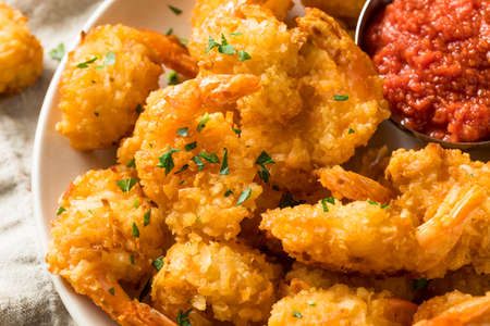 Homemade Fried Coconut Shrimp with Cocktail Sauceの写真素材