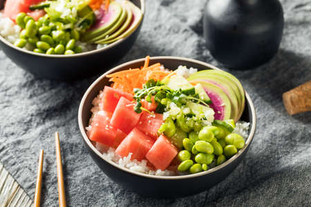 Homemade Vegan Poke Bowl with Rice and Watermelon