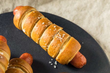 Homemade Pretzel Wrapped Hot Dog with Ground Mustardの写真素材