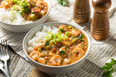 Spicy Homemade Cajun Shrimp Etouffee with White Riceの写真素材