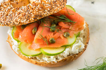 Homemade Salmon Lox Sandwich with Cream Cheese and Capersの写真素材