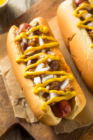 Homemade Detroit Style Chili Dog with Mustard and Onionの写真素材