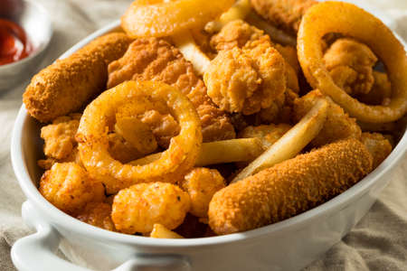 Homemade Deep Fried Munch Basket with French Fries Tater Tots and Chicken