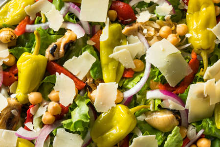 Homemade Mediterranean Pizzeria Salad with Peppers and Artichokeの写真素材