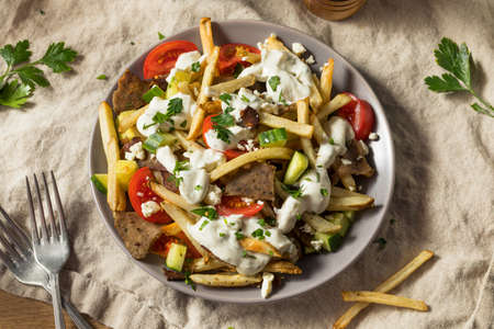 Homemade Greek Gyro Meat French Fries with Tzatziki Sauceの写真素材