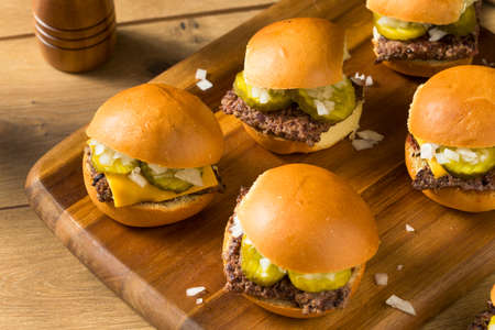 Homemade Beef Cheeseburger Sliders with Onion and Tomatoの写真素材