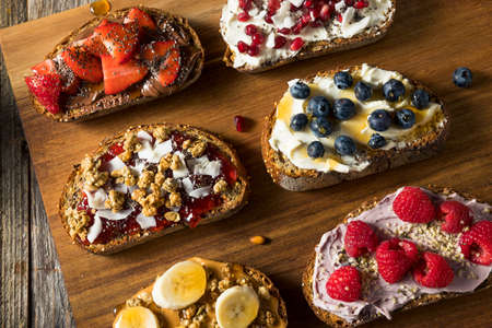Homemade Sweet Gourmet Breakfast Toasts with Cream Cheese and Berries