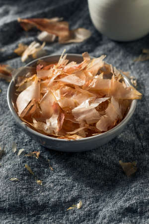 Organic Dried Japaense Dried Bonito Flakes in a Bowlの写真素材