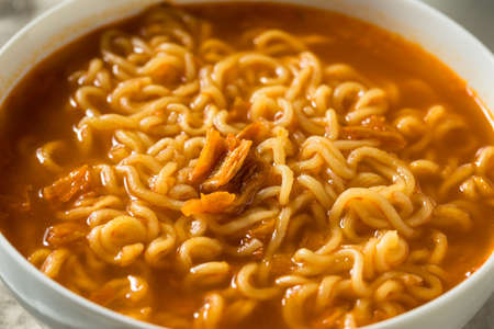Spicy Instant Ramen Noodle Bowl Ready to Eatの写真素材