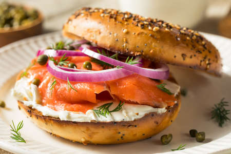 Homemade Bagel and Salmon Lox with Cream Cheese and Dillの写真素材