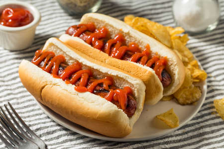 American Hot Dog with Ketchup with Potato Chipsの写真素材