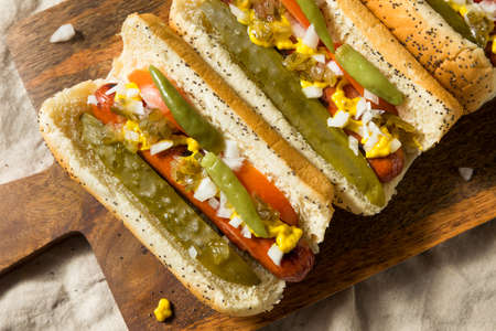 Homemade Chicago Style Hot Dogs with Mustard Relish Onion and PIckleの写真素材