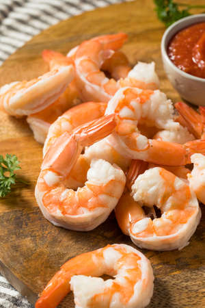 Homemade Boiled Shrimp Appetizer with Cocktail Sauceの写真素材