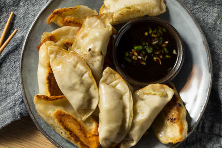 Homemade Gyzo Asian Pork Potstickers with Soy Sauceの写真素材