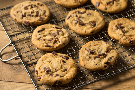 Warm Homemade Chocolate Chip Cookies on a Cooling Rack