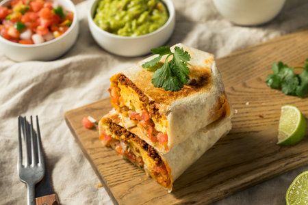 Homemade Chorizo Breakfast Burrito with Eggs Potatoes and Salsaの写真素材