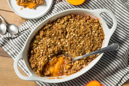 Sweet Homemade Peach Cobbler Crisp with Oat Toppingの写真素材