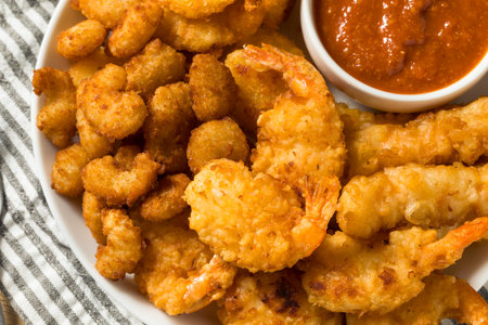 Homemade Deep Fried Shrimp Platter with Cocktail Sauceの写真素材