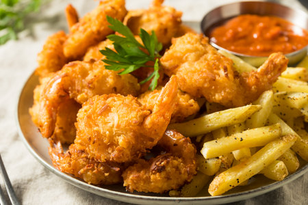 Homemade Deep Fried Coconut Shrimp with Fries and Cocktail Sauceの写真素材