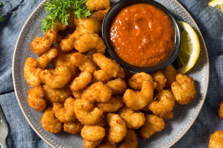 Homemade Deep Fried Popcorn Shrimp Ready to Eatの写真素材