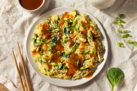 Homemade Asian Oyster Omelette with Sauce and Scallionsの写真素材