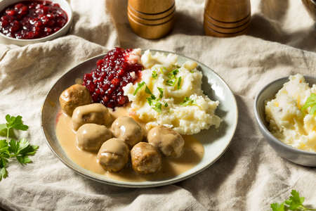 Homemade Healthy Swedish Meatballs with Potatoes and Gravyの写真素材