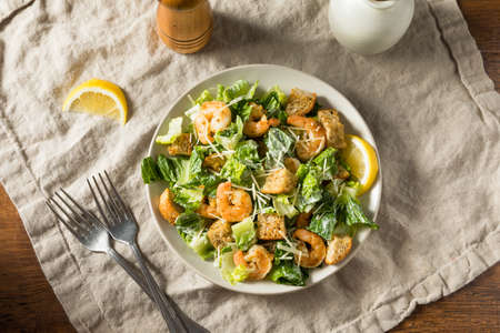 Homemade Shrimp Caesar Salad  with Romaine and Croutonsの写真素材
