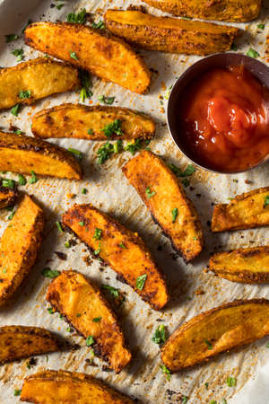 Homemade Spicy Oven Fried Potato Wedges with Ketchup