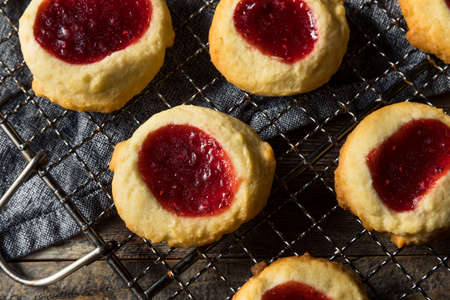 Homemade Warm Strawberry Thumbprint Cookies Ready to Eatの写真素材