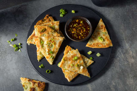 Homemade Chinese Scallion Pancake with Dipping Sauceの写真素材