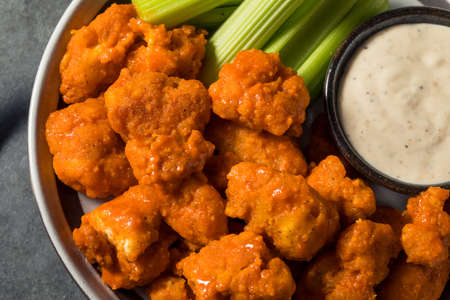Homemade Fried Boneless Buffalo Chicken Wings with Ranch Dressingの写真素材