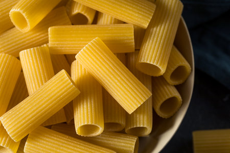 Organic Dry Rigatoni Pasta in a Bowlの写真素材