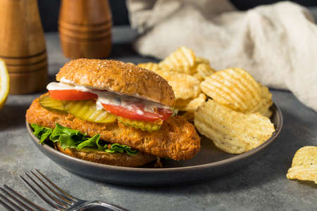 Homemade Crispy Fried Fish Fillet Sandwich with Chips