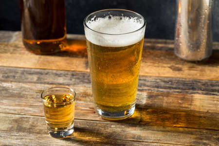 Refreshing Boozy Chicago Handshake Beer and a Shot Ready to Drinkの写真素材