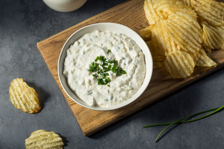 Healthy Homemade French Onion Dip with Chipsの写真素材