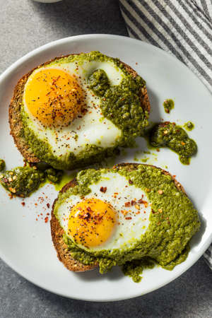 Healthy Organic Pesto Egg Toast for Breakfast with Pepperの写真素材