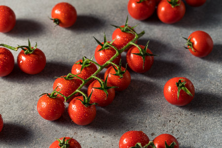 Healthy Organic Red Cherry Tomatoes in a Bunchの写真素材