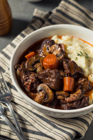 Homemade French Beef Bourguignon Stew with Mashed Potatoes