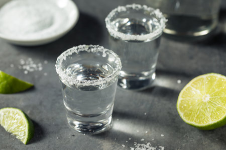 Boozy Cold Tequila Shots with Lime and Saltの写真素材