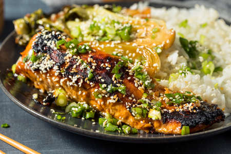 Homemade Asian Roasted Miso Salmon with Rice and Bok Choy