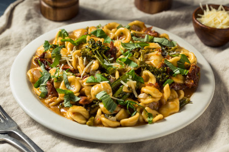 Homemade Italian Orecchiette Pasta with Basil and Tomatoesの写真素材