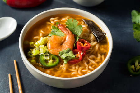 Instant Spicy Seafood Ramen with Shrimp and Peppersの写真素材