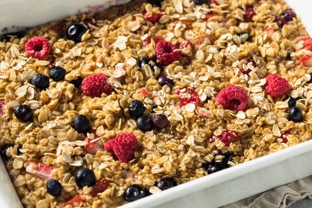 Homemade Sweet Baked Oatmeal Casserole with Fruit for Breakfastの写真素材