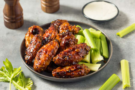 Homemade Asian Honey Garlic Chicken Wings with Dipping Sauceの写真素材