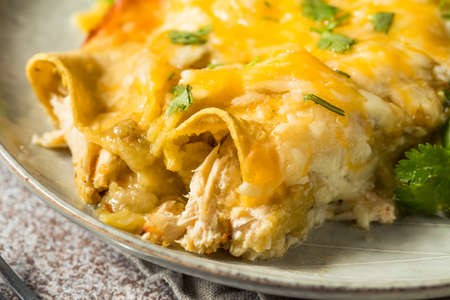 Homemade Mexican Tomatillo Green Enchiladas with Chicken and Cilantroの写真素材
