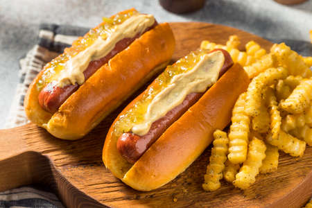 Homemade Gourmet Hot Dogs with Mustard and French Friesの写真素材