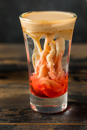 Boozy Halloween Brain Hemorrhage Shot Cocktail with Peach and Grenadineの写真素材