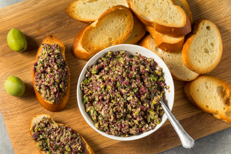 Homemade Mixed Olive Tapenade Appetizer with Toasted Breadの写真素材